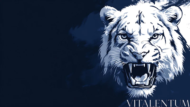 Monochrome illustration of snarling tiger head on dark field.