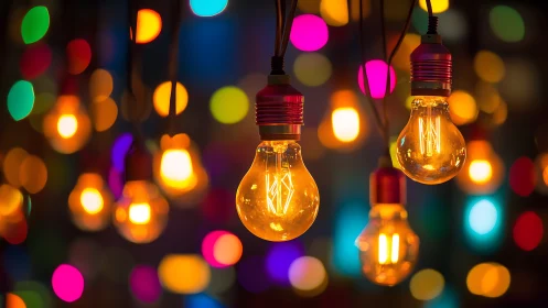 Golden bulbs glowing against playful rainbow bokeh backdrop.