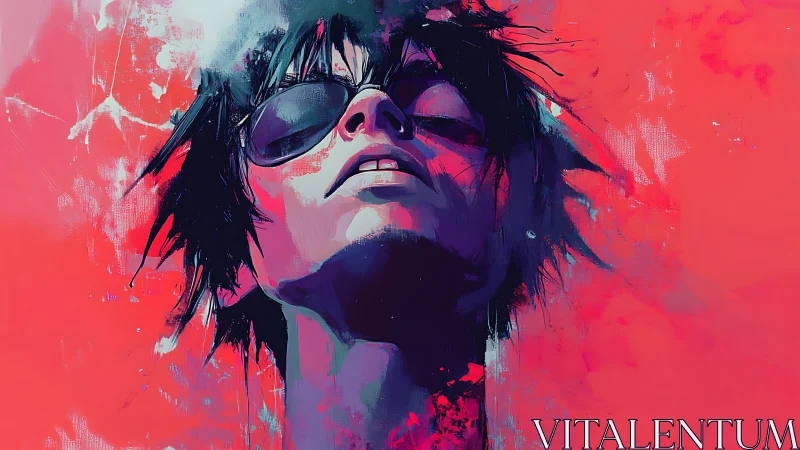 Portrait of sunglasses wearer in abstract red setting.