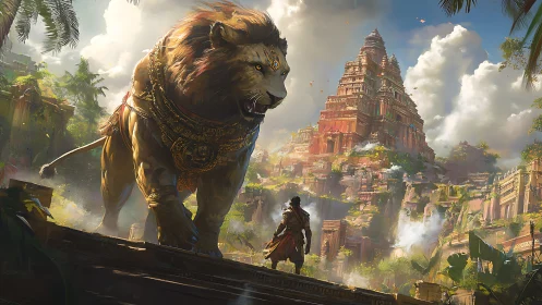 Majestic armored lion guards an ancient jungle temple city.