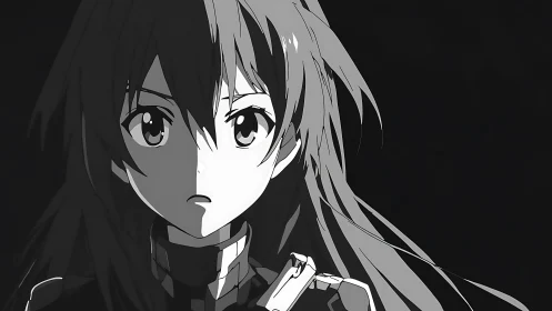 Quiet anime heroine standing strong in soft monochrome light.