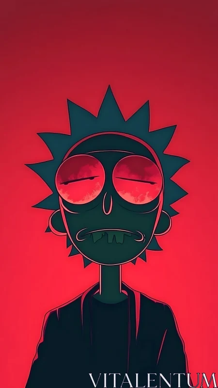 Cartoon figure with spiked hair stares forward against red