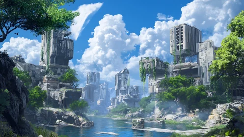 Quiet river through sunlit ruins of a reclaimed future city.