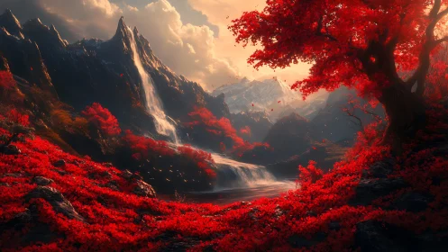 Red forest surrounds mountain waterfall under warm sunset light