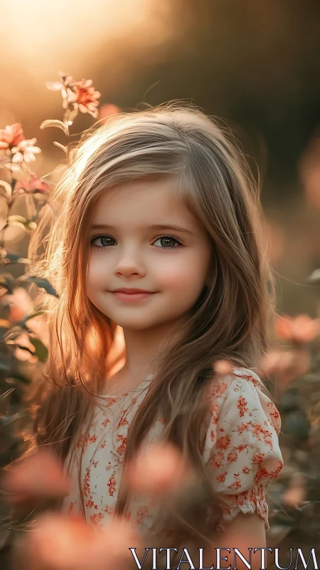 Young Girl in Flower Garden at Golden Hour.