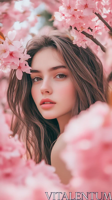 Digital painting portrait framed in soft cherry blossoms.