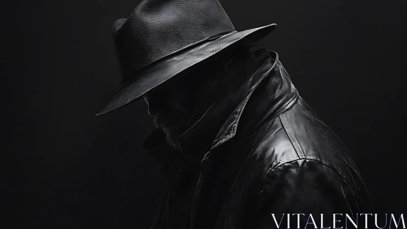 Low key silhouette of trench coat figure in rim lighting.