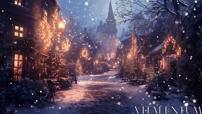 Snowlit Christmas lane aglow with storybook window warmth.