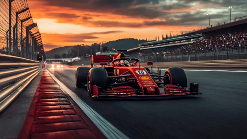 Red Formula 1 car powers through sunset-lit race circuit.