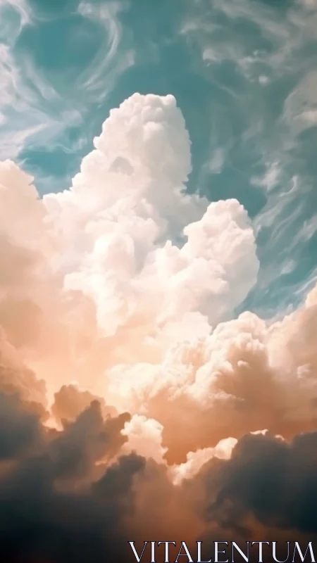 Sunlit cloud towers rising into a softly painted sky.