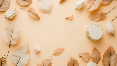 Whispering autumn leaves circle a minimalist cream jar.