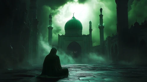 Solitary cloaked figure before luminous green domed mosque