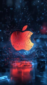 Glowing red apple emblem emerges through dynamic water spray