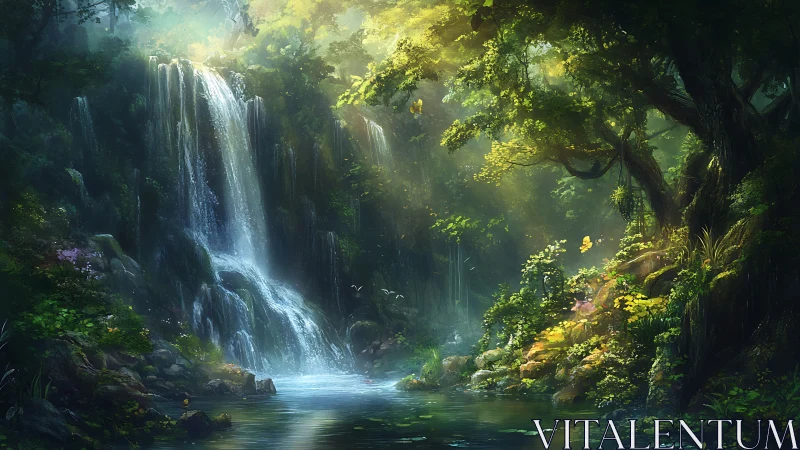 Enchanted Forest Waterfall in Mystical Light
