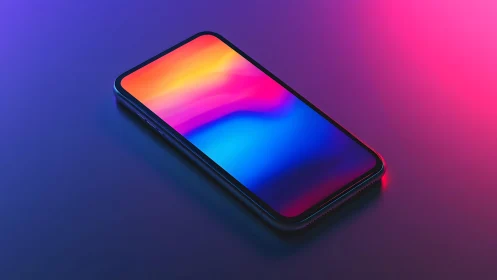 Modern smartphone with vibrant gradient display on neon background.