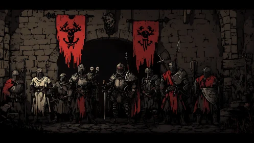 Armored knights assemble before blood-red war banners.