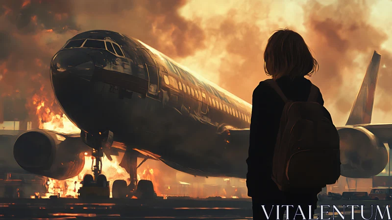 Child silhouette facing burning passenger jet on tarmac.