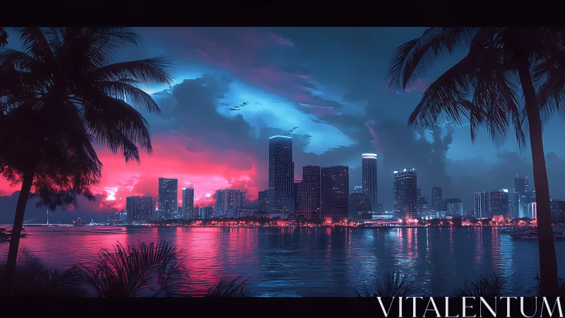 Neon city skyline glows under electric sunset over bay.