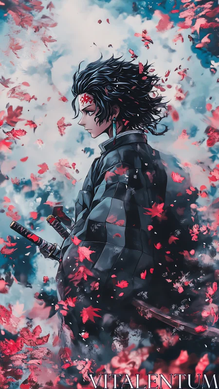 Samurai warrior in drifting crimson leaves rendered in anime