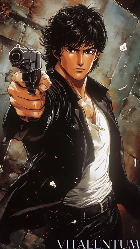 Male anime gunman aims pistol directly toward viewer