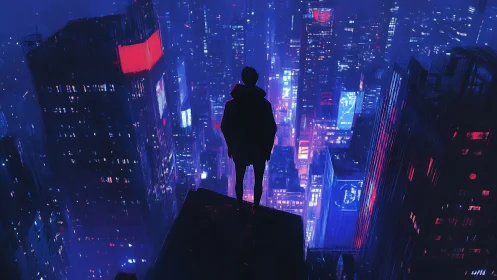 Silhouetted figure overlooks neon cityscape at night