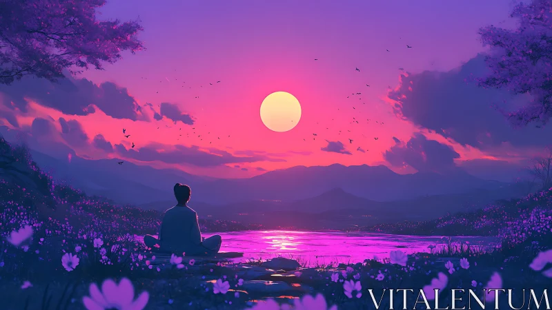 Quiet sunset reflection by a glowing pink lakeside horizon.