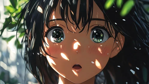 Sun-dappled anime portrait captures astonished expression