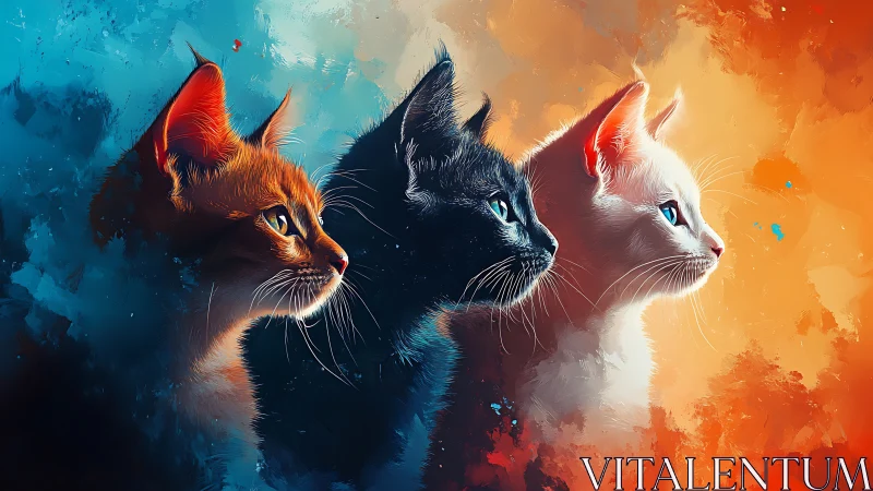 Three Cats Against Contrasting Warm and Cool Backgrounds.