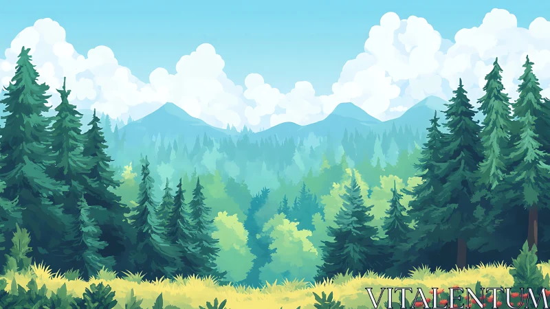 Forest landscape with mountains, coniferous trees, and layered atmospheric perspective.