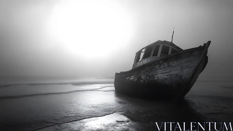 Beached wooden trawler in high-contrast littoral fogscape.