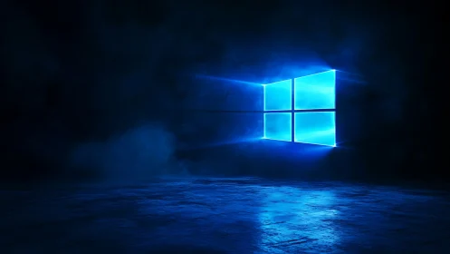 Glowing blue window icon illuminates reflective dark floor