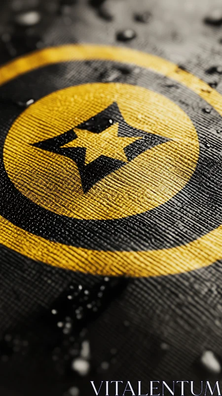 Yellow star emblem gleams on textured black surface in focus.