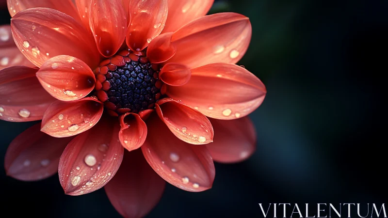 Red Gerbera Daisy With Raindrops Against Dark Background.
