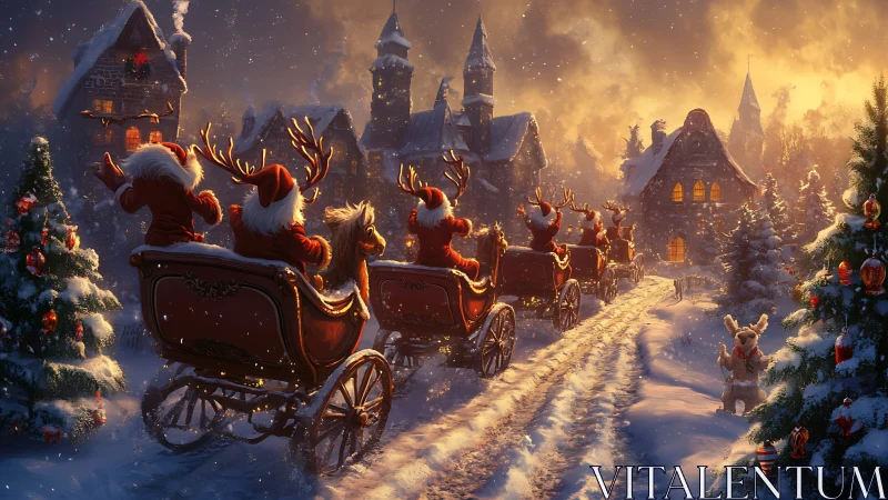 Snowy village sleigh parade under glowing Christmas dusk.