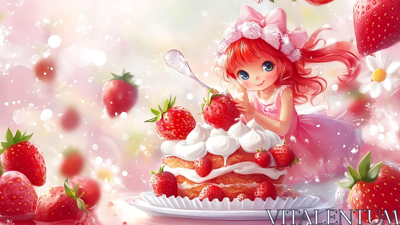 Strawberry cake fairy girl in dreamy pink sparkle world.