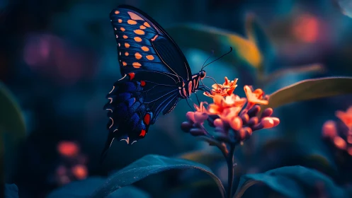 Butterfly on orange blossoms in low light garden setting.