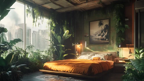 Urban jungle bedroom oasis with lush plants and skyline view.