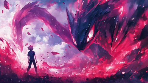 Boy confronts colossal flaming spirit in crimson storm.