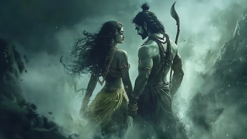 Mythic couple in misted landscape with stylized weaponry.