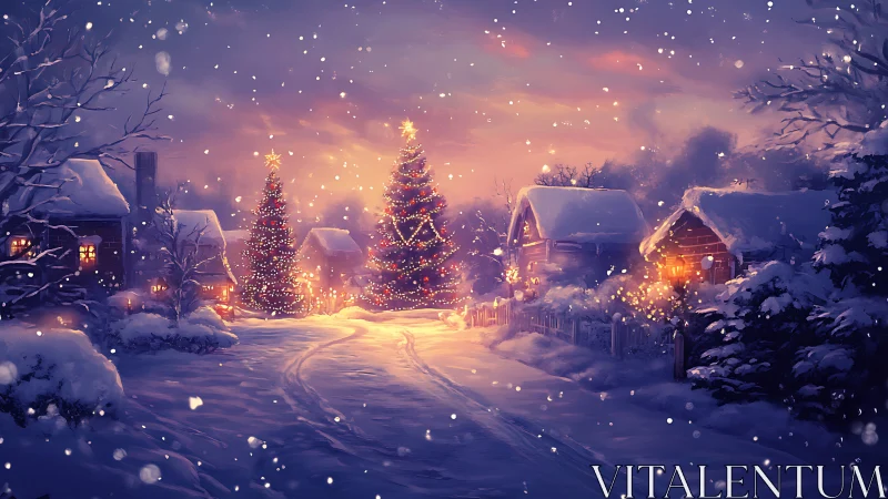 Snow-covered village street glows with illuminated Christmas trees