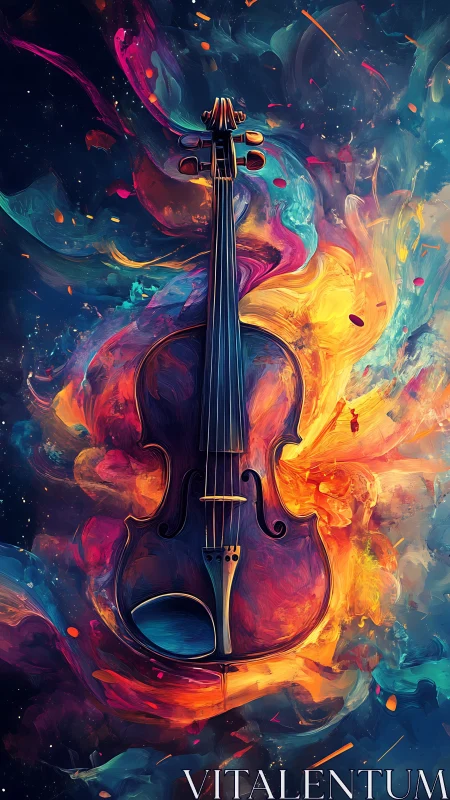 Violin suspended in swirling nebula of luminous color fields
