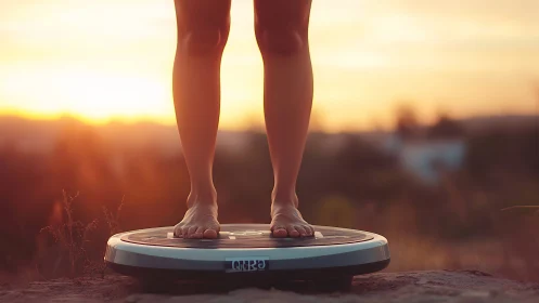 Barefoot balance on circular vibration platform at sunset.