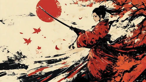 Dynamic ink-style samurai portrait with red kimono motion vectors
