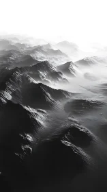 Monochrome mountain ridges fade into high misted distance