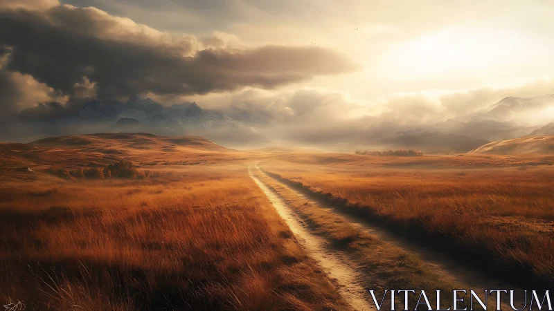 Dirt path through golden grassland toward distant mountains.