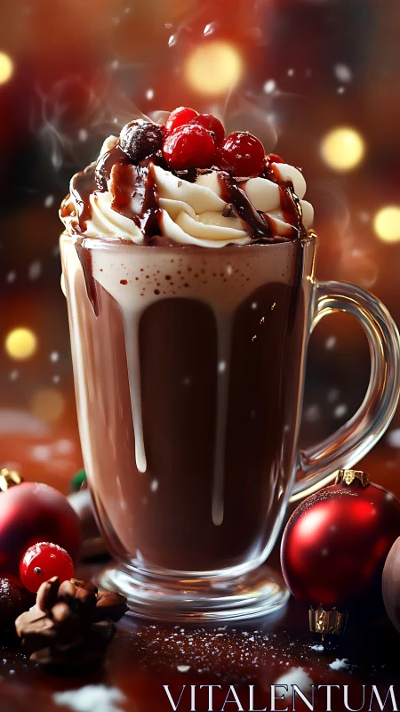 Festive glass mug of whipped berry chocolate with bokeh steam.