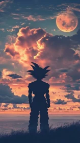 Silhouetted warrior profile under chromatic lunar cloudscape.