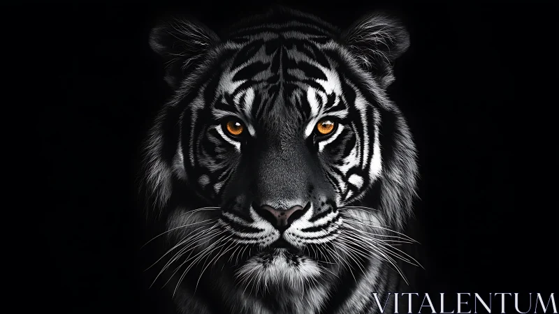 Tiger face centered against black background, eyes brightly lit