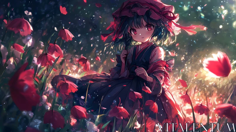 Backlit anime girl stands in dynamic tulip field with volumetric petals