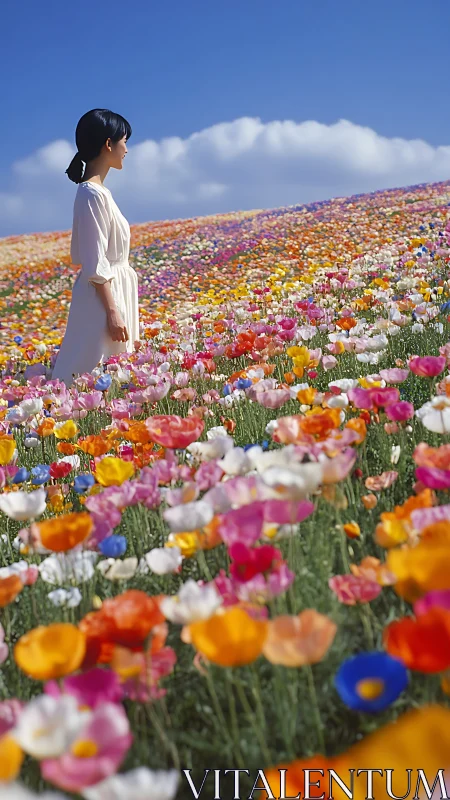 Lateral profile figure in dense multicolor poppy field panorama.